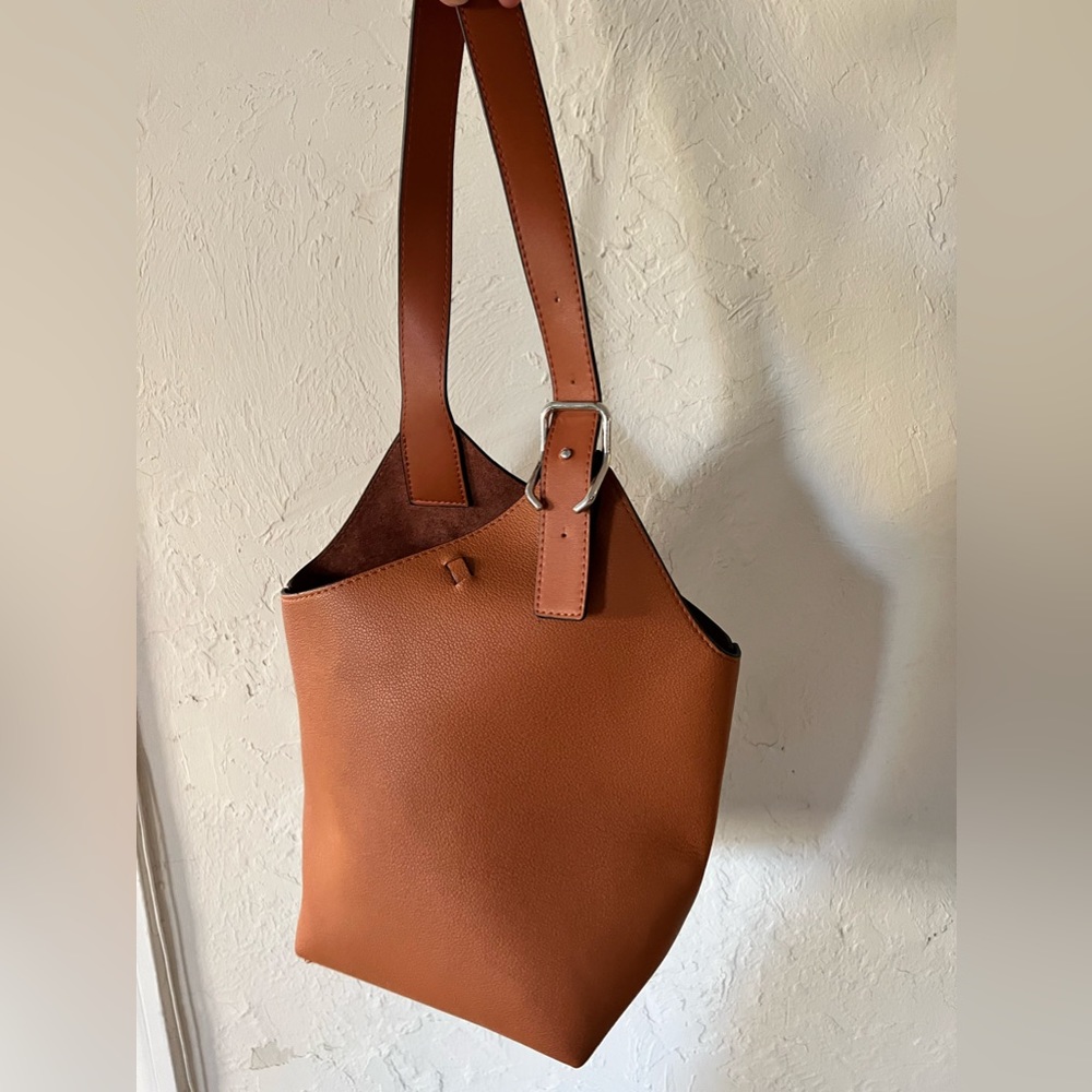Camel leather Bucket Bag with buckle detail